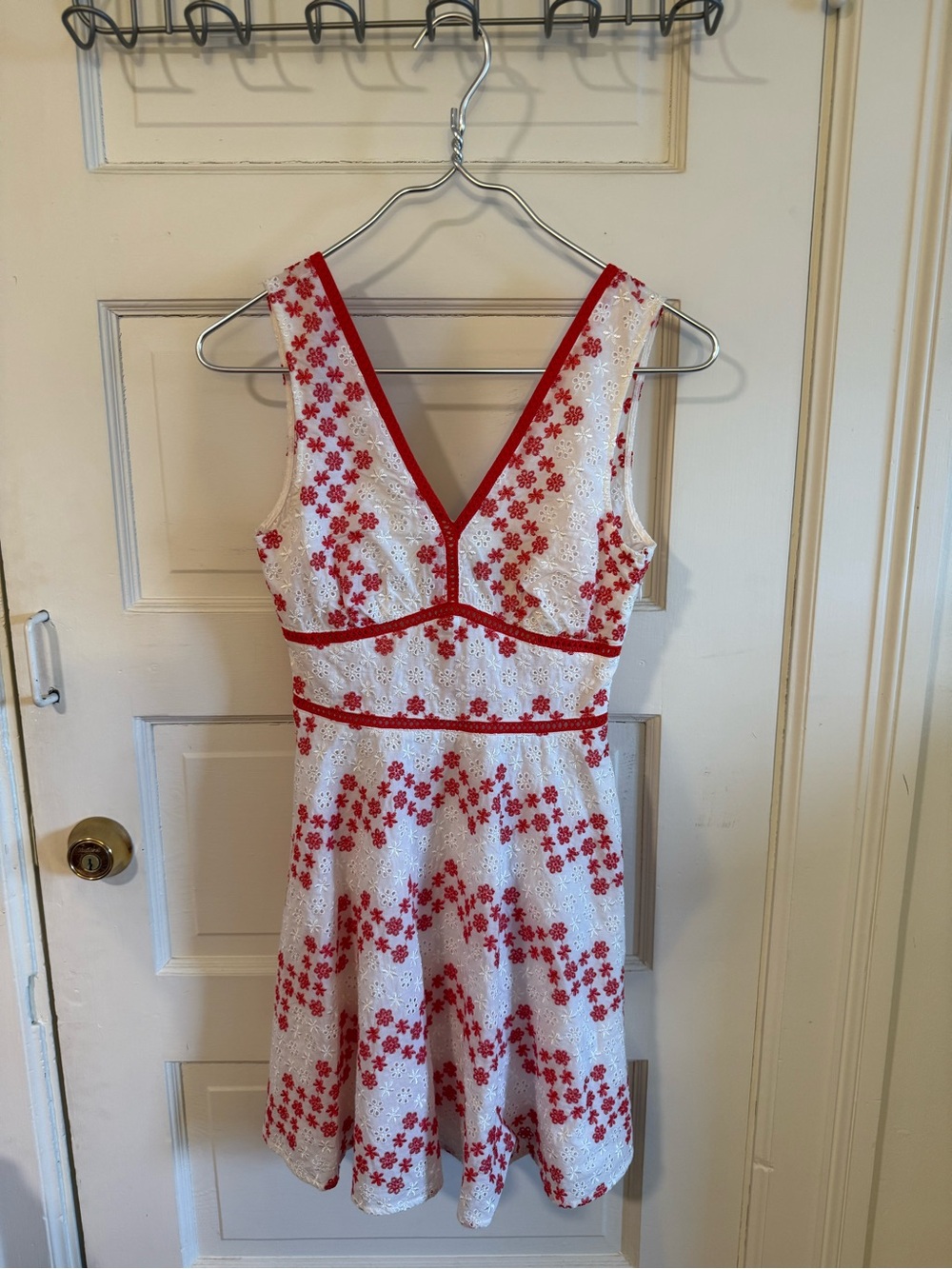 Blue Rain White Dress with Red Floral Eyelet Trim